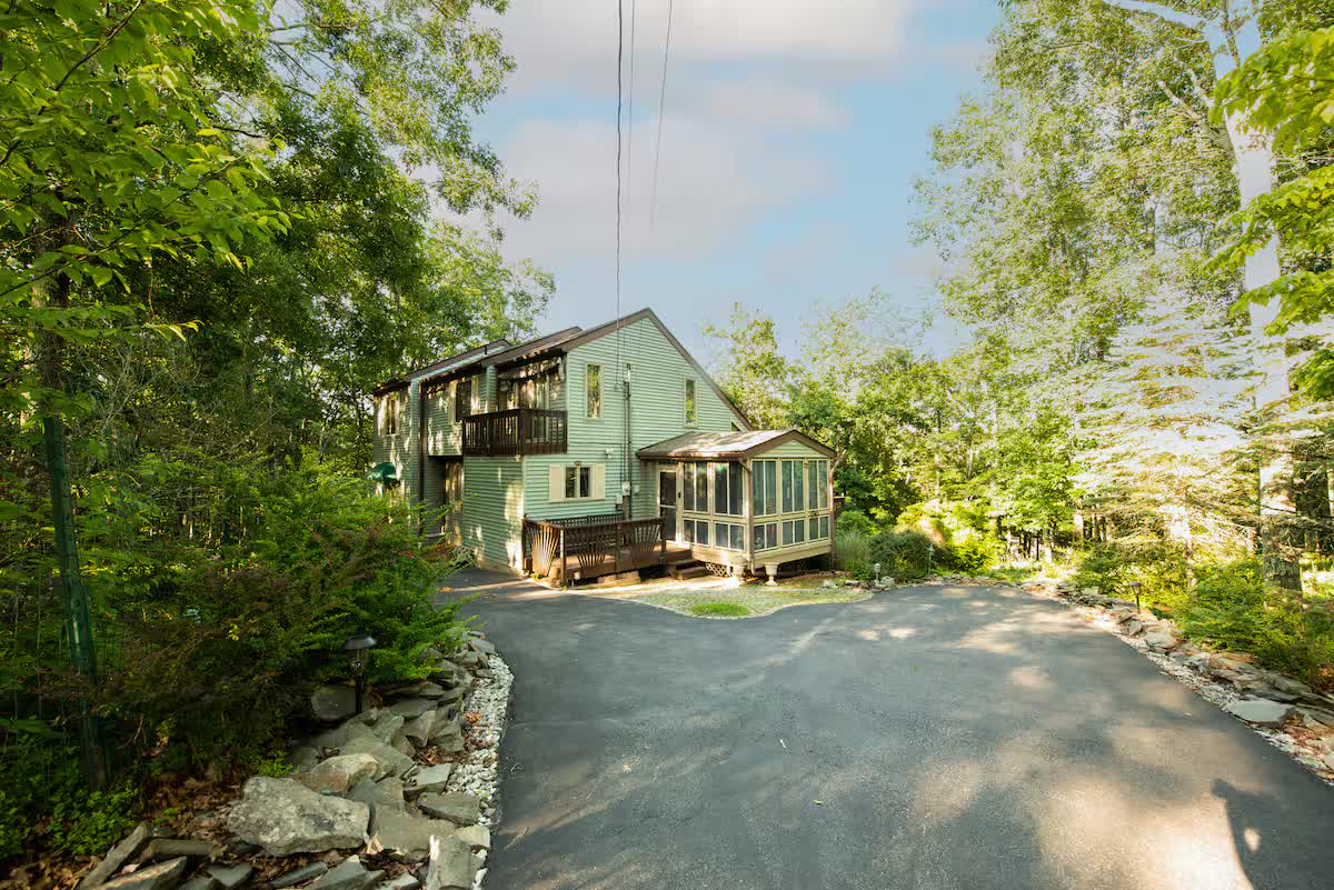 Cabin exterior at dusk